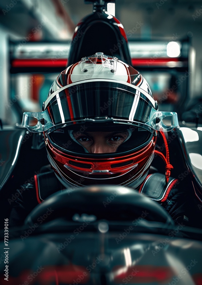 Un pilote avec un casque conduisant une voiture de course. Un pilote avec un casque conduisant une voiture de course.