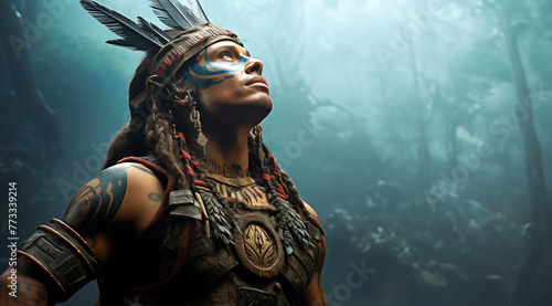 Un guerrier Maya en costume traditionnel regardant le ciel, image avec espace pour texte.