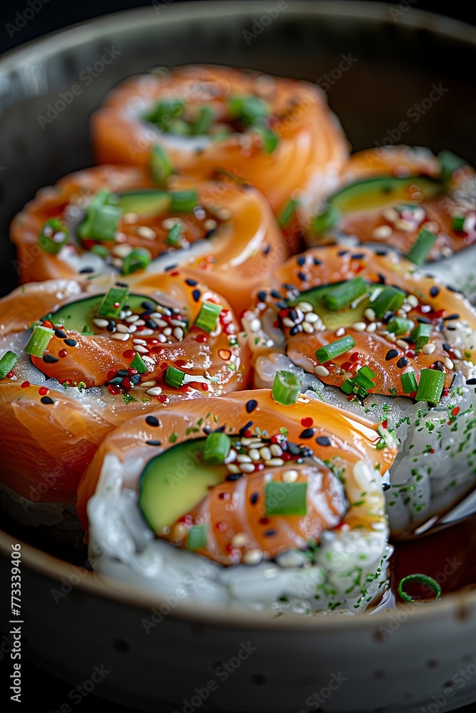 sushi with teriyaki sauce in white bowl on black background, photo-realistic hyperbole. Generative AI sushi with teriyaki sauce in white bowl on black background, photo-realistic hyperbole. Generative AI