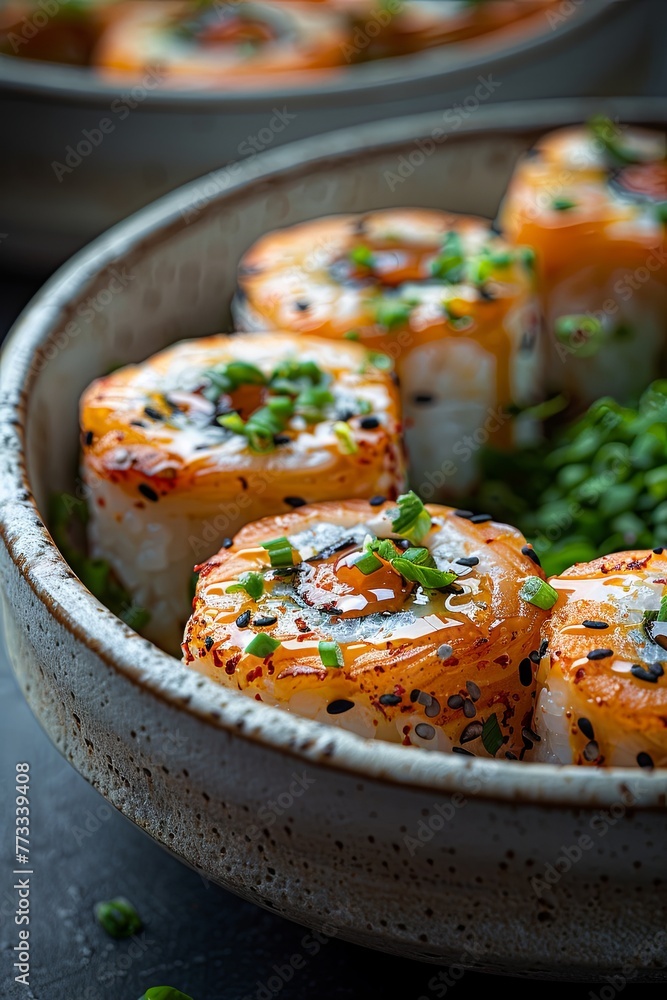 sushi with teriyaki sauce in white bowl on black background, photo-realistic hyperbole. Generative AI sushi with teriyaki sauce in white bowl on black background, photo-realistic hyperbole. Generative AI