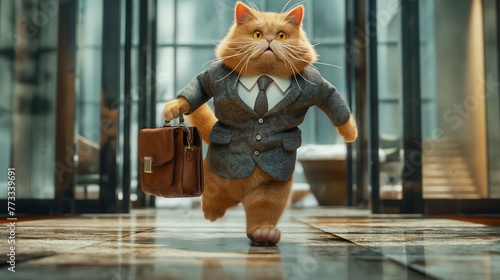 A plump cute red cat in a business suit with a tie and a business briefcase in his hand runs into an office building. AI generation.