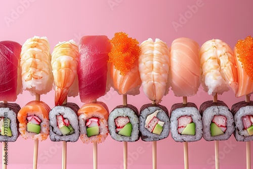 a collection of sushi on chopsticks on pink background, in the style of light red and teal. Generative AI