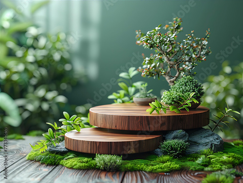 Wooden podium product display in greenery, leaves and flowers, over the nature background, eco product advertisement