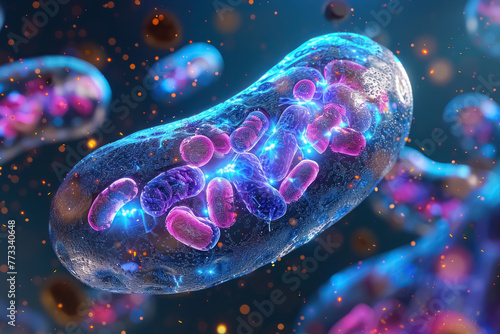 vibrant microscopic view of mitochondria within a cell, illuminated biological illustration photo