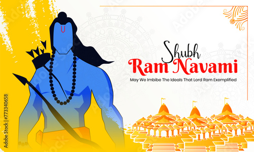 illustration of Lord Rama with bow arrow with background of ram mandir photo