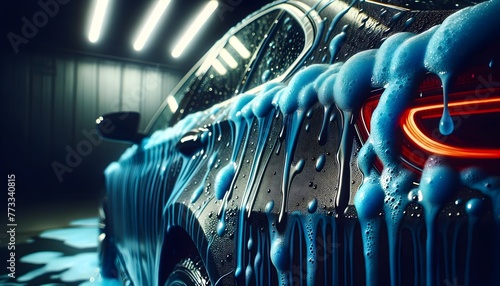 Vibrant Blue Soapy Suds Dripping Down The Sleek Surface Of A Black Car

