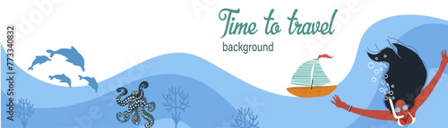 Banner with image of girl diving, dolphins, octopus. Place for text. Background of summer vacation. Color flat vector illustration. Vector horizontal banner.
