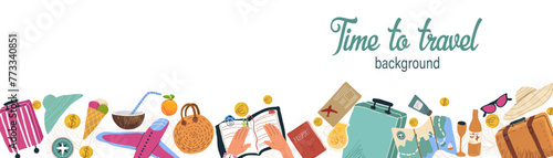 Banner with elements of traveling and tourism. Colorful tourist objects: suitcase, map, airplane and space for text. Summer vacation background. Colorful flat vector horizontal illustration.