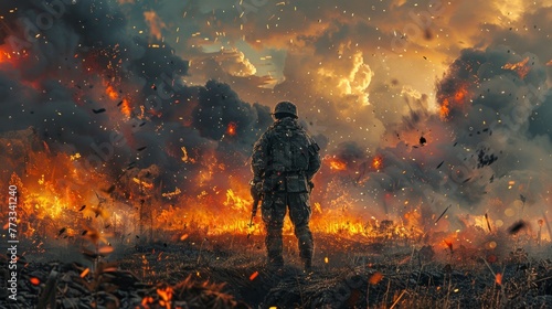 A soldier walks across the battlefield during a combat mission