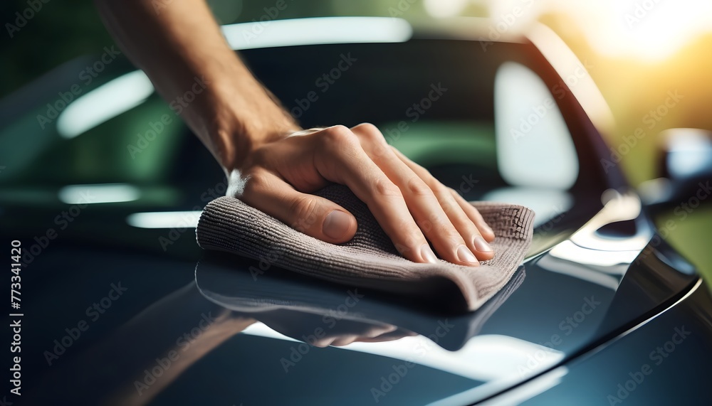 Person's Hand Gently Wiping The Car's Surface With A Microfiber Cloth