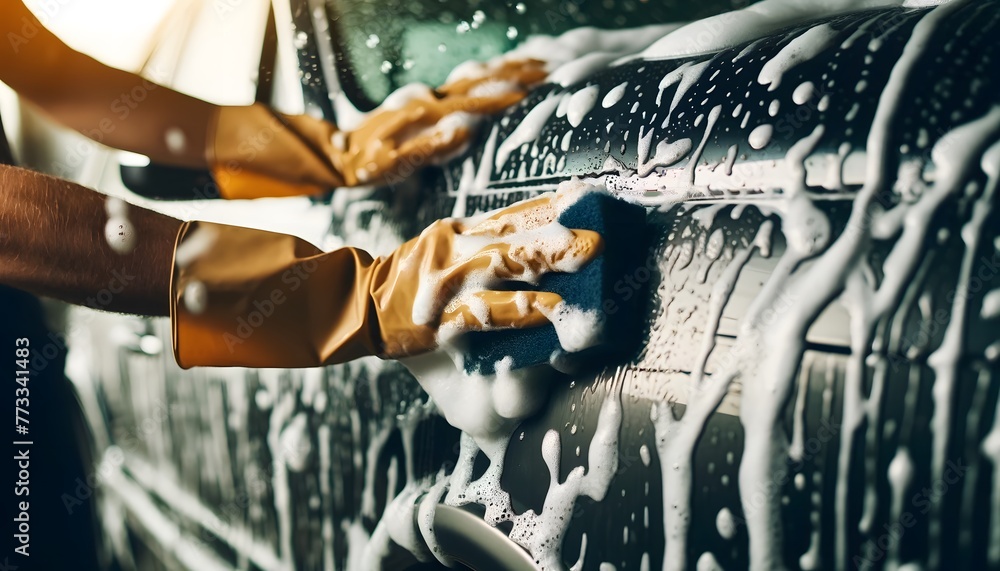 Washing The Car With A Soapy Sponge