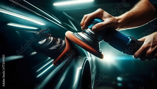Hand Holding A Polishing Tool Against The Car Surface photo