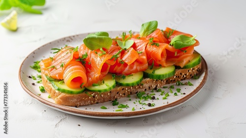sandwich with avocado, lettuce and salmon on white background.