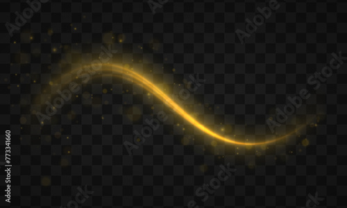 Dynamic golden waves with small parts. Golden line with light effect. Dust of yellow sparks and stars shine with a special light. Yellow dust. Bokeh effect. Vector illustration