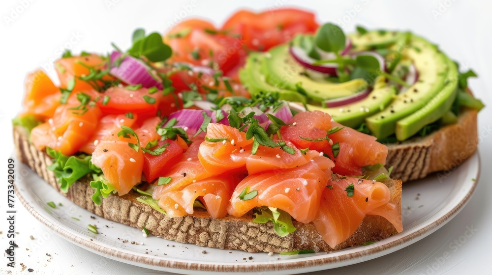 sandwich with avocado, lettuce and salmon on white background. sandwich with avocado, lettuce and salmon on white background.