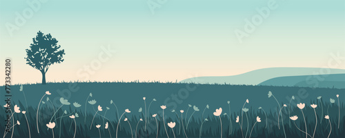 Early morning landscape of flower meadows and fields against the backdrop of a stunning sunrise sky. Panoramic vector illustration of green flower meadows and lonely tree.