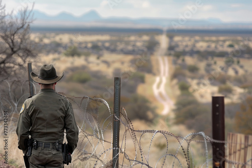 State of Texas, Sheriff inspects the state border, Policeman checks the integrity of the barbed wire on the state border, Protection from illegal migrants. photo