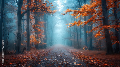 Fototapeta Naklejka Na Ścianę i Meble -  Road in mystical foggy forest in blue fog in autumn nature background scenery AI generated