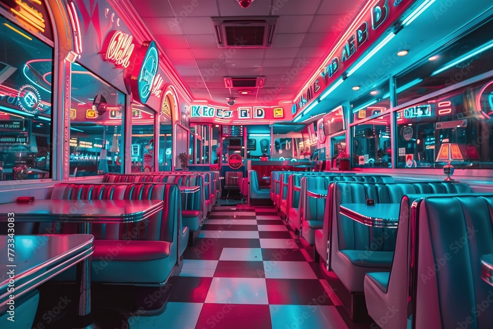 A retro diner with vibrant vinyl booths and neon signs, exuding nostalgia and charm