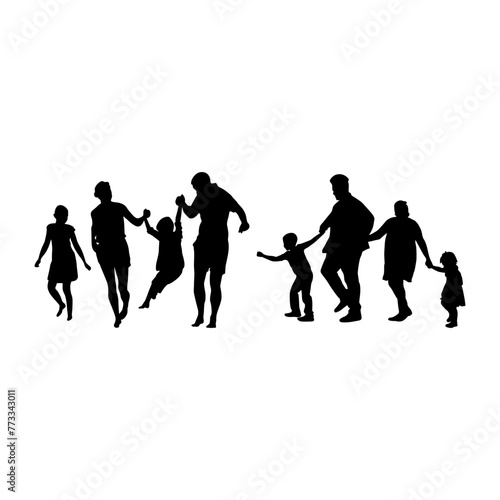 An icon representing the silhouette of a family unit  typically consisting of a parent or parents and children  holding hands or standing together.