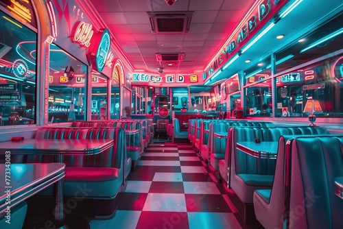 A retro diner with vibrant vinyl booths and neon signs, exuding nostalgia and charm