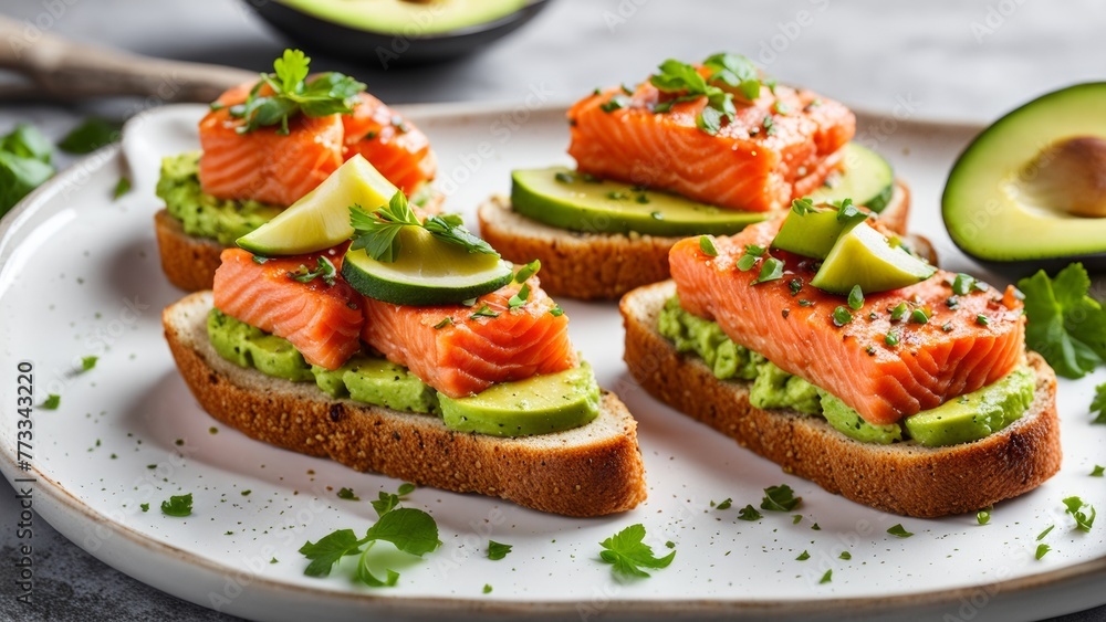 Toast with salmon and avocado. Toast with salmon and avocado.