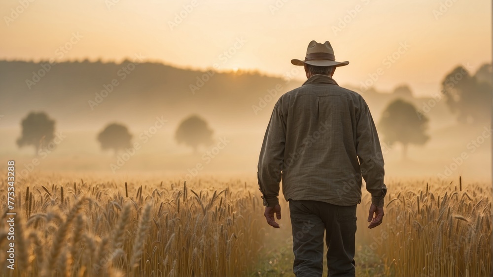 A farmer walks through a field of wheat at dawn. Generated with AI A farmer walks through a field of wheat at dawn. Generated with AI
