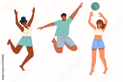 Girls and guys in swimsuits jumping around cheerfully and joyfully  happy with summer vacations. Excited active men and women with positive energy. 