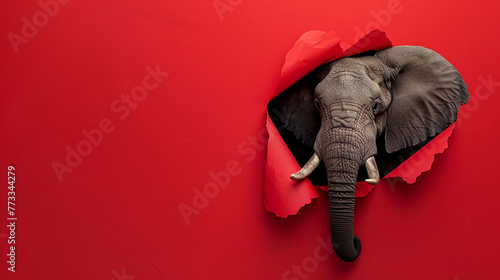 A elephant peeking through the hole in red paper, copy space concept on solid background , photorealistic