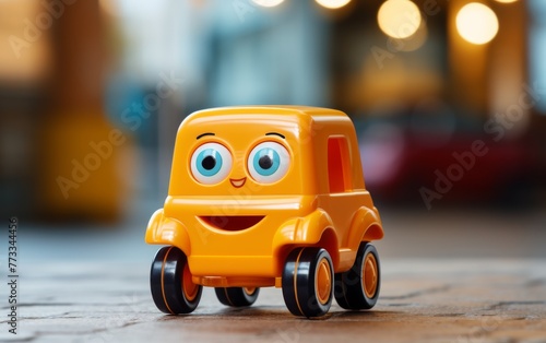 A yellow toy truck with eyes and a smile, radiating happiness and playfulness