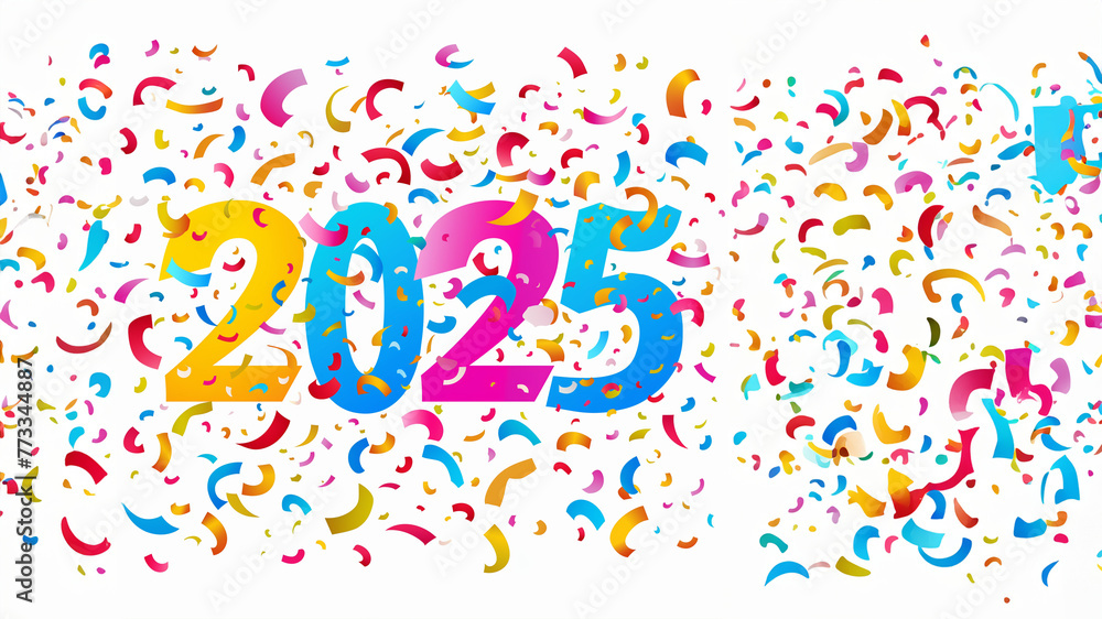 Jahreswechsel 2025 in bunten leuchtenden Zahlen und Luftschlangen mit