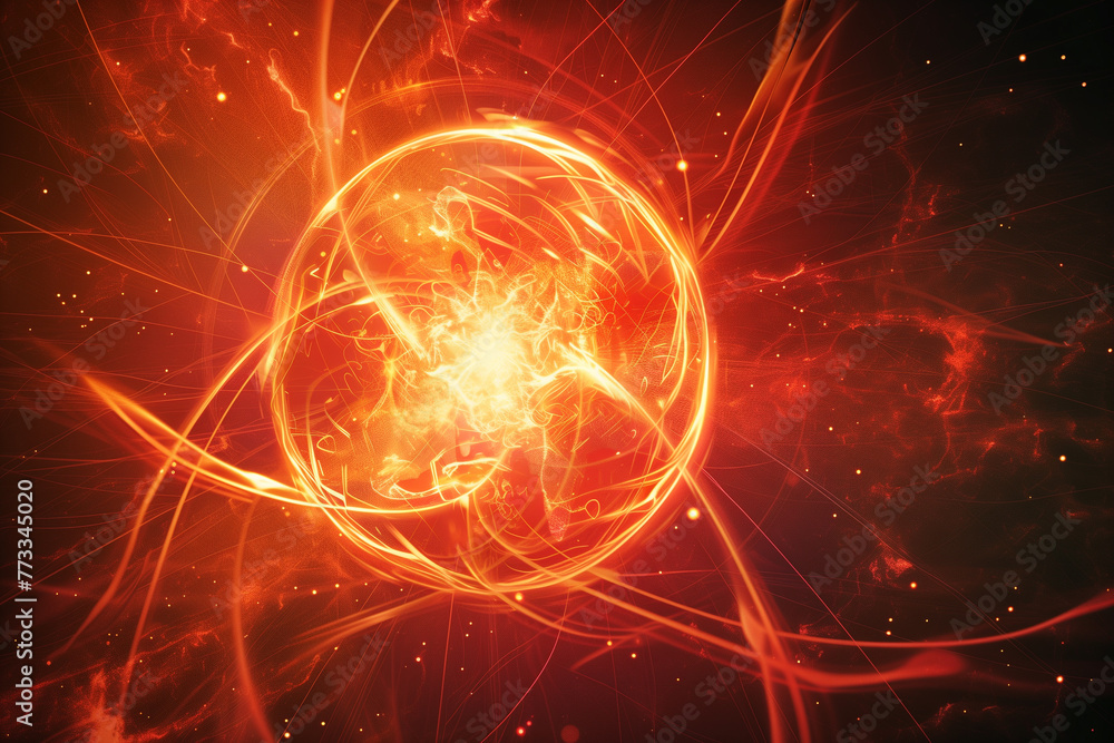 Fiery digital orb with dynamic energy lines against a dark background. Fiery digital orb with dynamic energy lines against a dark background.