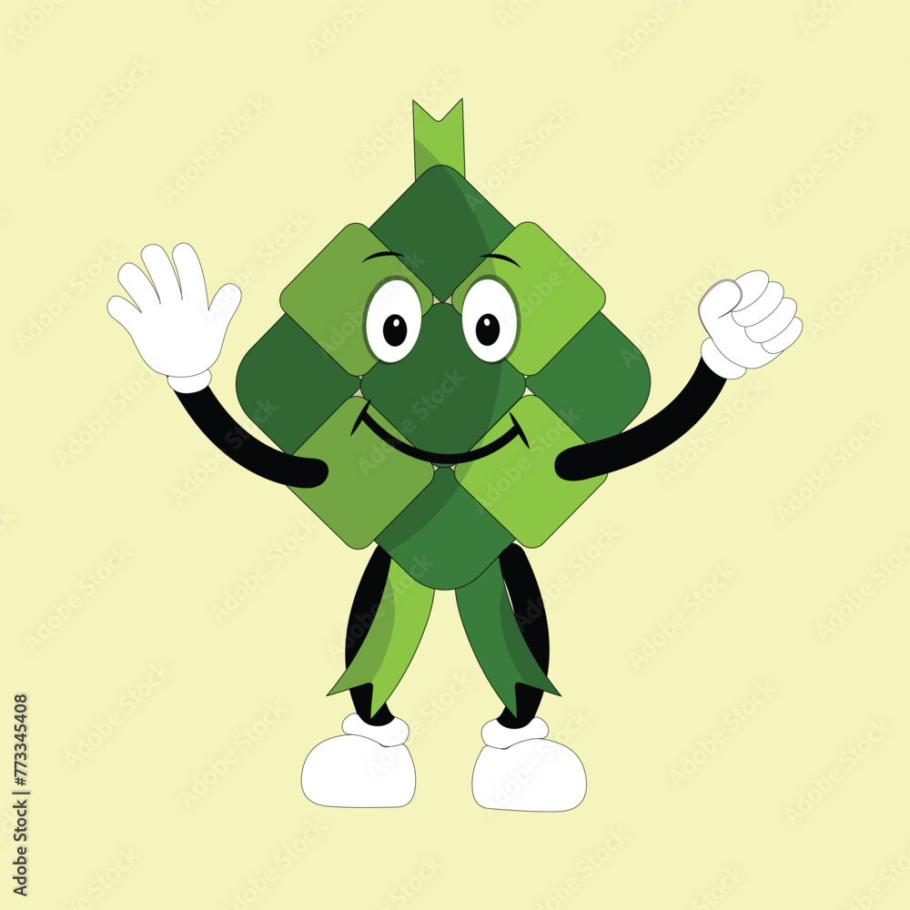 Obraz premium Ketupat mascot character illustration in vintage style with arms and legs with a variety of emotions and actions, great resource for icon, symbol, logo, sticker,banner. Eps 10