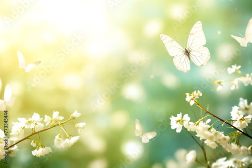 Forest glade with lots of white spring flowers and butterflies on a sunny day. Abstract summer nature background.