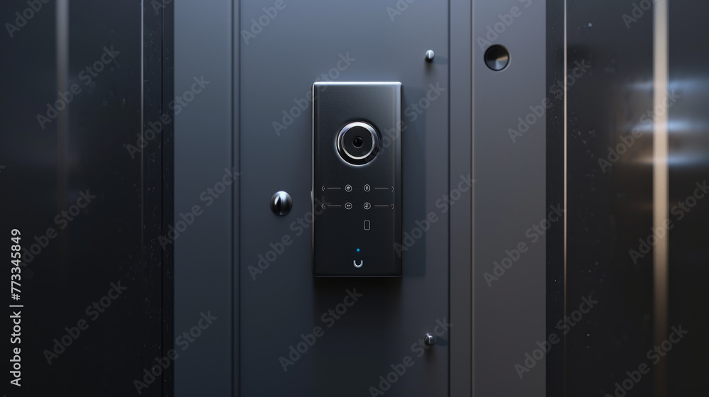 A modern and minimalist black and silver smart doorbell with video recording and two-way audio communication for enhanced home security A modern and minimalist black and silver smart doorbell with video recording and two-way audio communication for enhanced home security