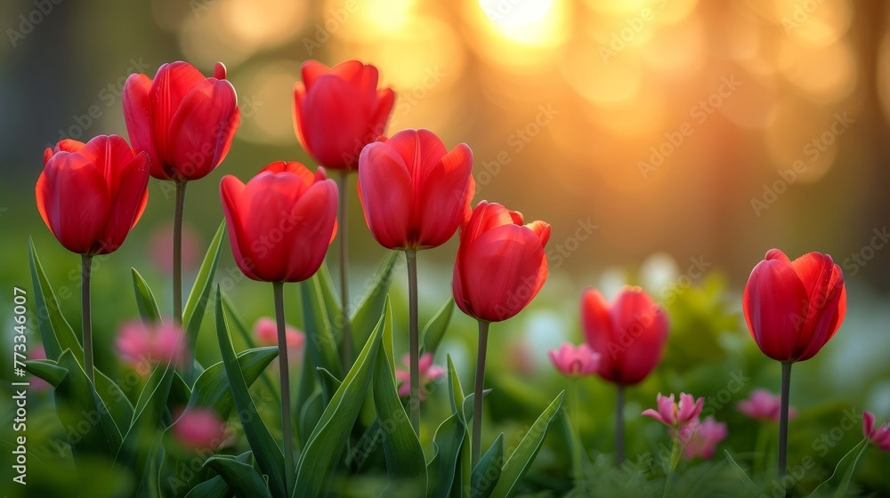   A red tulip field with sun filtering through the tree background