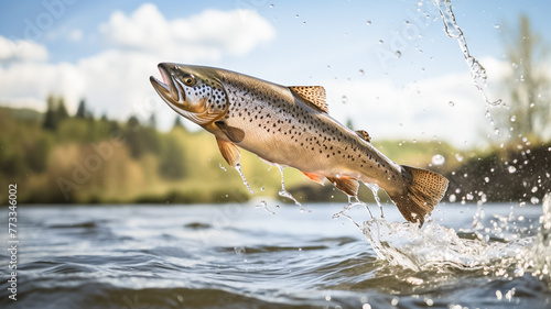 Jumping out from water Trout fish. Fishing concept. 