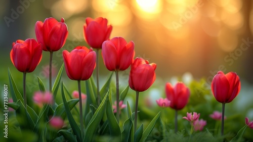   A red tulip field with sun filtering through the tree background