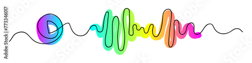Abstract music player soundbar with play button line drawing. Doodle outline illustration. Vector illustration isolated on white background.