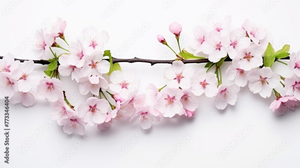 Blossoming Cherry Tree Branches Flowers on White Background