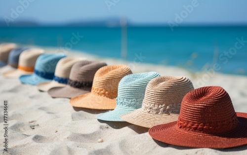Collection of colorful hats lined up on a sandy beach