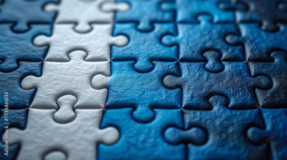 A tight shot of a puzzle piece exhibiting a blue and white color palette in its center A tight shot of a puzzle piece exhibiting a blue and white color palette in its center