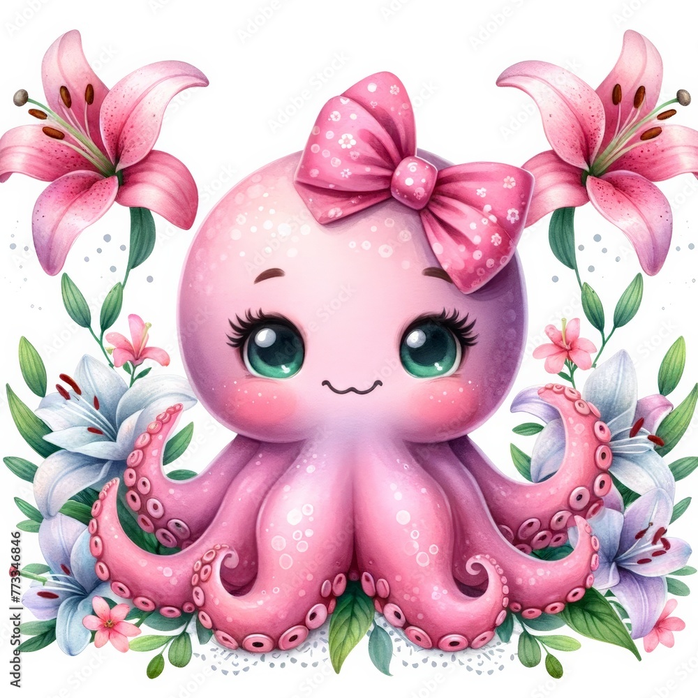 A delightful illustration of a pink octopus with a large bow, surrounded by a floral arrangement.