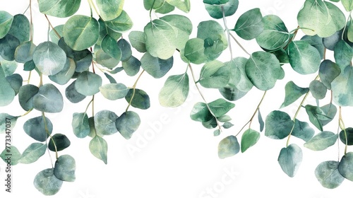 Watercolor Hand-Painted Green Floral Banner, Border of Leaves and Branches on White Background