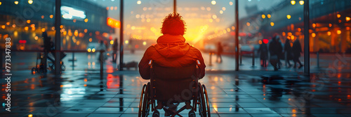  Accessibility of the handicap person in public places , A young man with limited mobility moves freely through an airport terminal an adult man