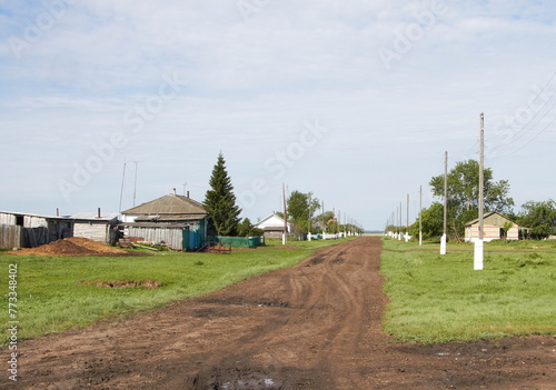 Rural landscape with dirt road and houses in the village, Russia in summer
