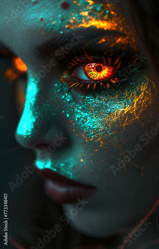 dark woman face halloween makeup, in the style of detailed science fiction illustrations, turquoise and orange