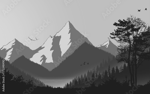 Birdsland Mountain landscape black and white silhouette forest woods scenary vector background cover poster wallpaper jungle birds trees fog mist beautiful nature scene illustration