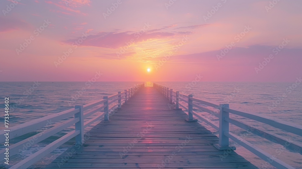Pier With Sun Setting Over Ocean