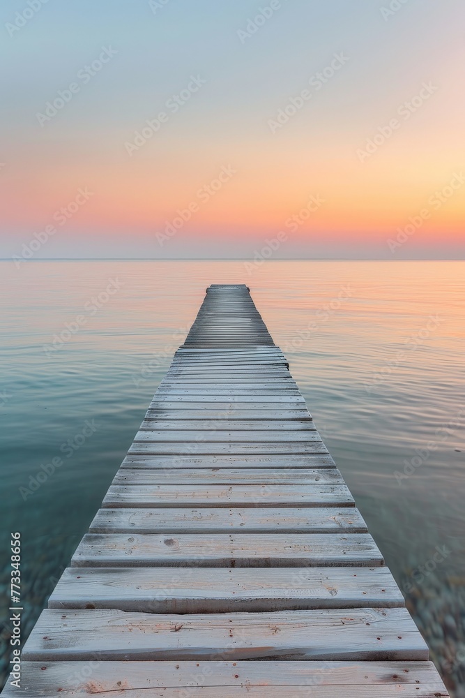 Wooden Dock Extending Into the Ocean at Sunset
